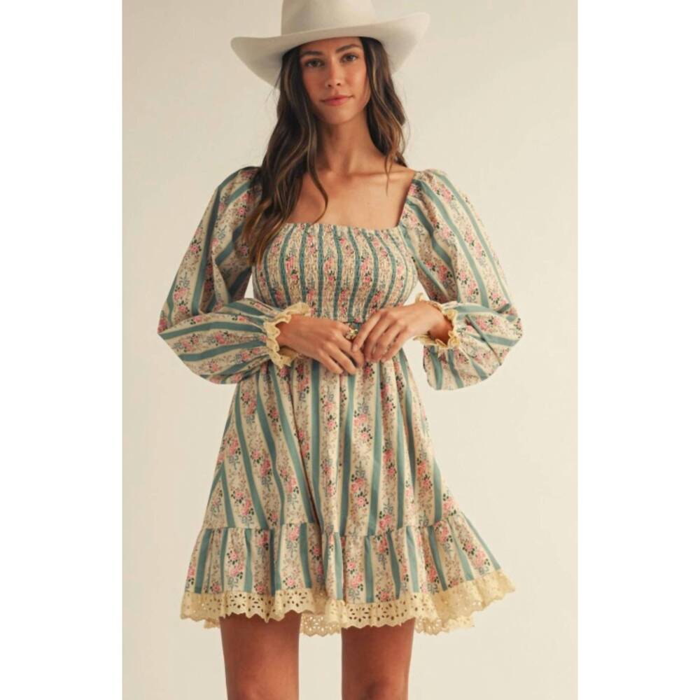 NEW LOVLOV french style floral smocked lace dress in dusted olive